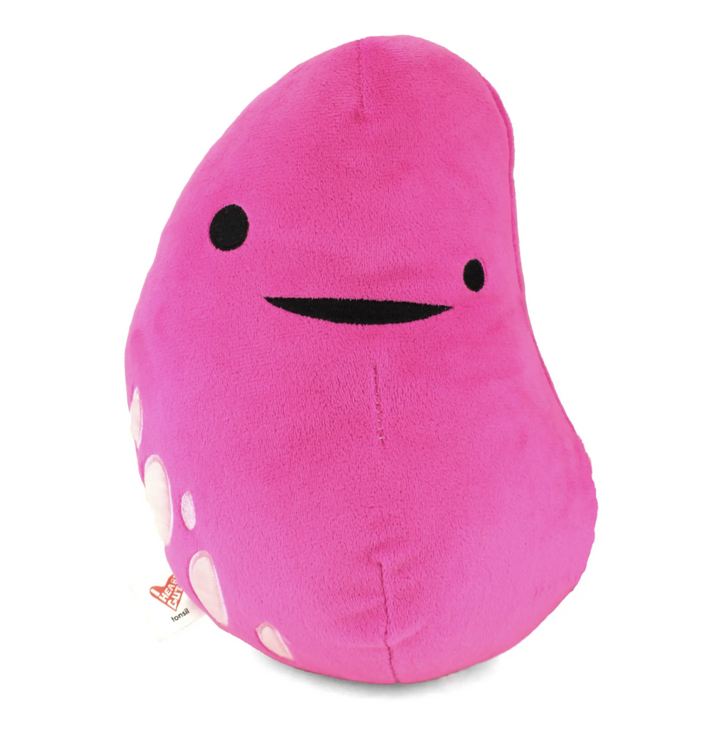Pink plush tonsil with a happy embroidered face.