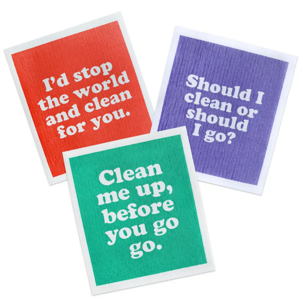 Set of 3 super absorbent dishcloths with funny lyrics about cleaning loosely based on famous songs.