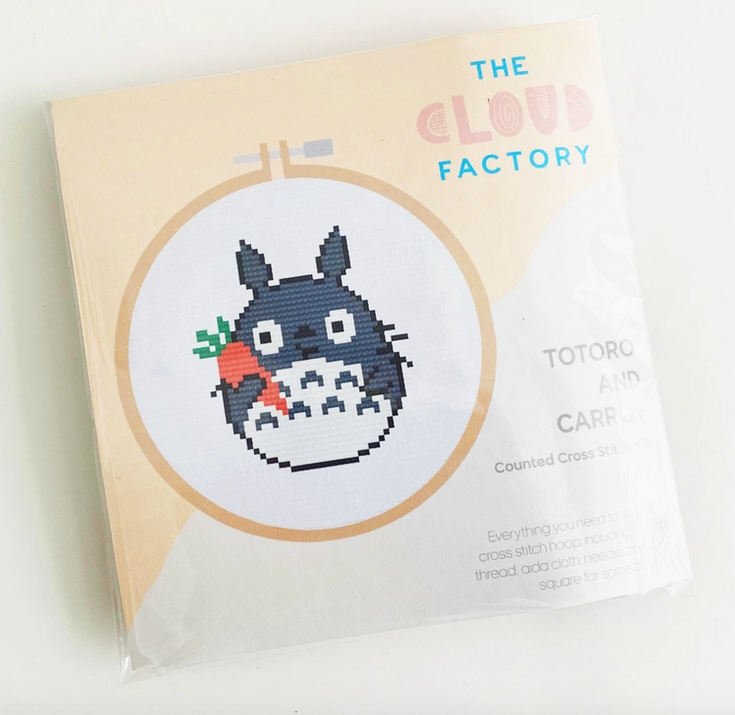 An illustration of the Totoro with Carrot cross stitch pattern from the kit. 