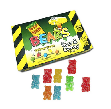 Box of Toxic Waste Gummi Bears with the candy in front. Box has yellow and black design like caution tape. 