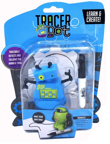 Package of Tracer Bot Learn and create. Tracerbot detects and follows the marker trail. Blue plastic robot and special marker.