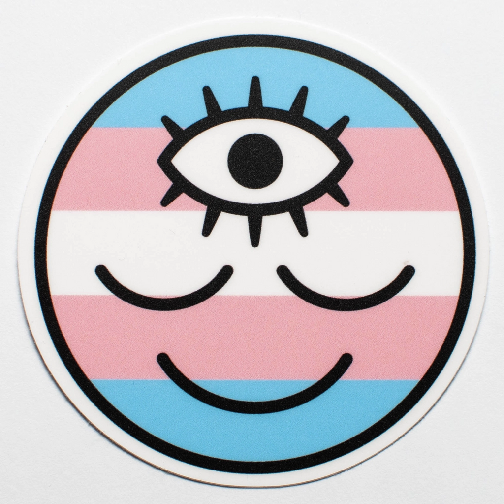Round trans flag striped happy face with an open 3rd eye sticker.