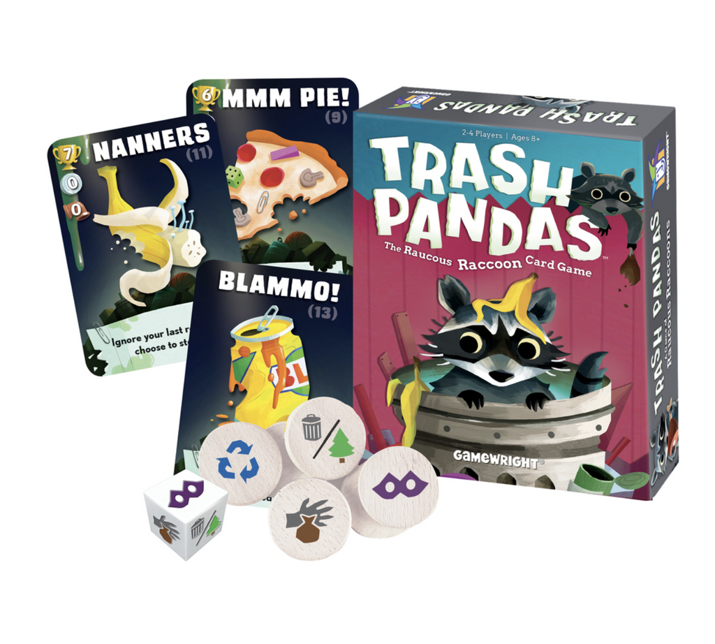 Box and playing pieces of game Trash Pandas., the raucous raccoon card game. 2 to 4 players, ages 8 and up.