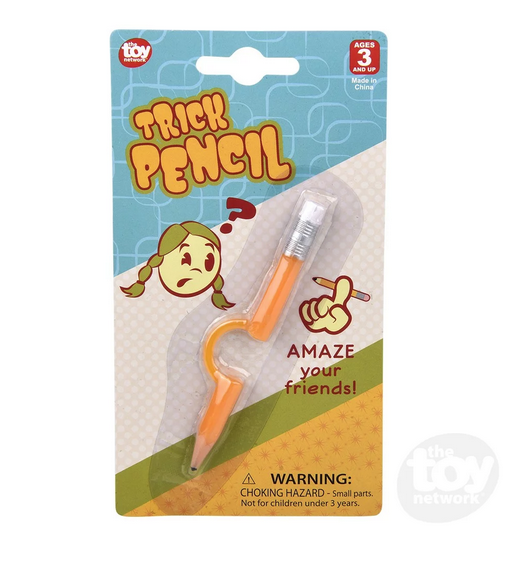 The Trick Pencil looks like a real yellow pencil with a white eraser, with a space to fit on your finger.  It's packaged on a blister card. 