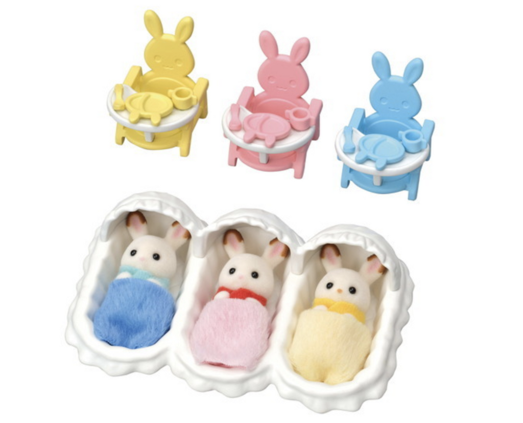 Calico Critters Triplets care set features 3 baby bunnies in  cribs with matching rabbit shaped tray seats for feeding.