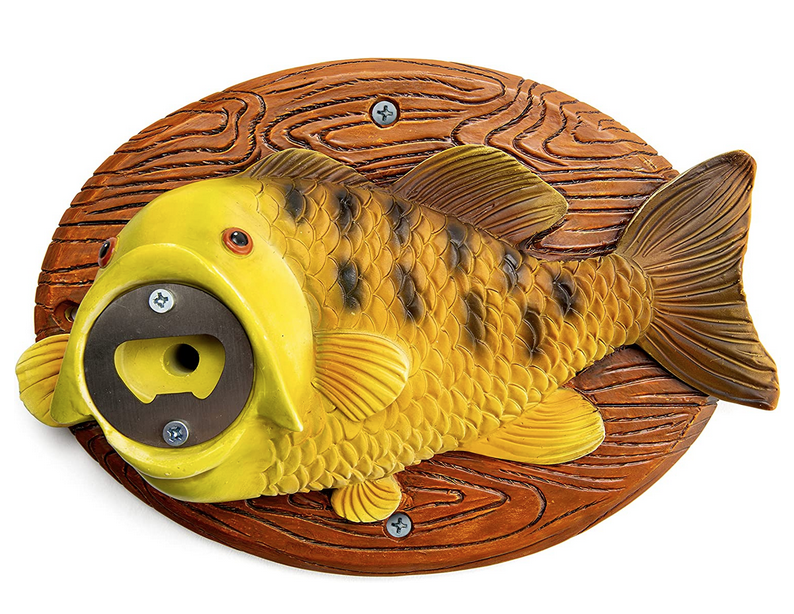 This fish bottle opener is a hilarious choice when you’re looking to add a wall mounted opener to your home bar. It is made of high-quality resin with a metal bottle opener.