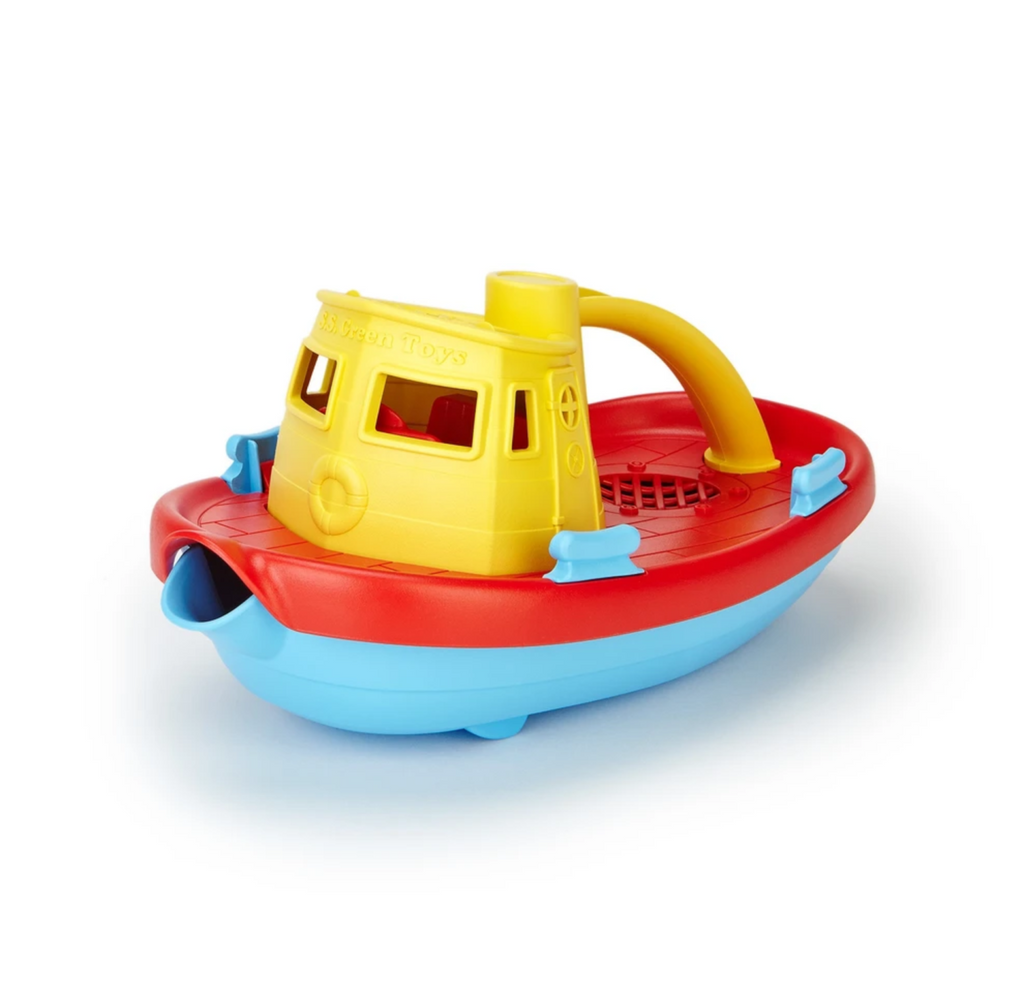 Green Toys Tugboat. This red, yellow and blue craft floats great, and has a wide spout to scoop and pour water.