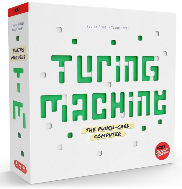 Box for Turing Machine Game with white background and cutout lettering with green behind it spelling out Turing Machine, The Punch Card Computer.