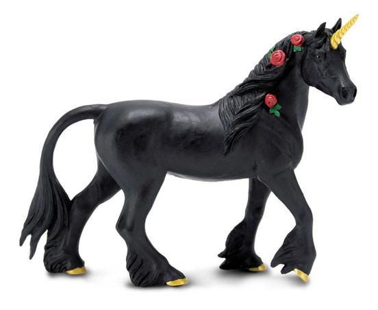 Twilight Unicorn figure in black with golden hooves and horn, and red roses are entwined in its mane. 