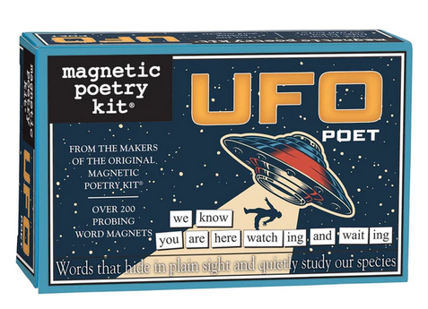 UFO Poet Magnetic Poetry Kit with an illustration of a UFO beaming up an unsuspecting earthling. There are also word magnets forming a sentence about aliens. 