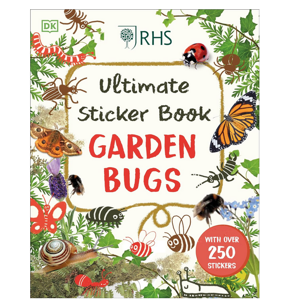 Cover of the "Ultimate Sticker Book Garden Bugs" with lots of insects and foiliage surrounding the title. 