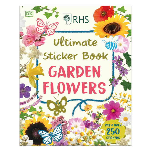 Cover of the "Ultimate Sticker Book Garden Flowers" with lots of pretty blooming flowers surrounding the title. 