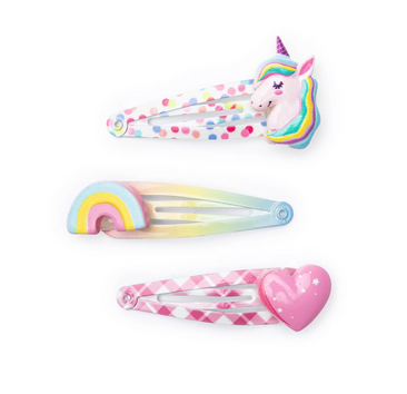 Adorable unicorn, rainbow and heart hair clip set. The unicorn has rainbow polka dots on the clip with a pretty pink unicorn with rainbow hair at the top. The rainbow sits on a rainbow colored clip with purple, pink, yellow and blue colors fading into each other. The third clip has a pink heart atop a pink and white plaid clip.