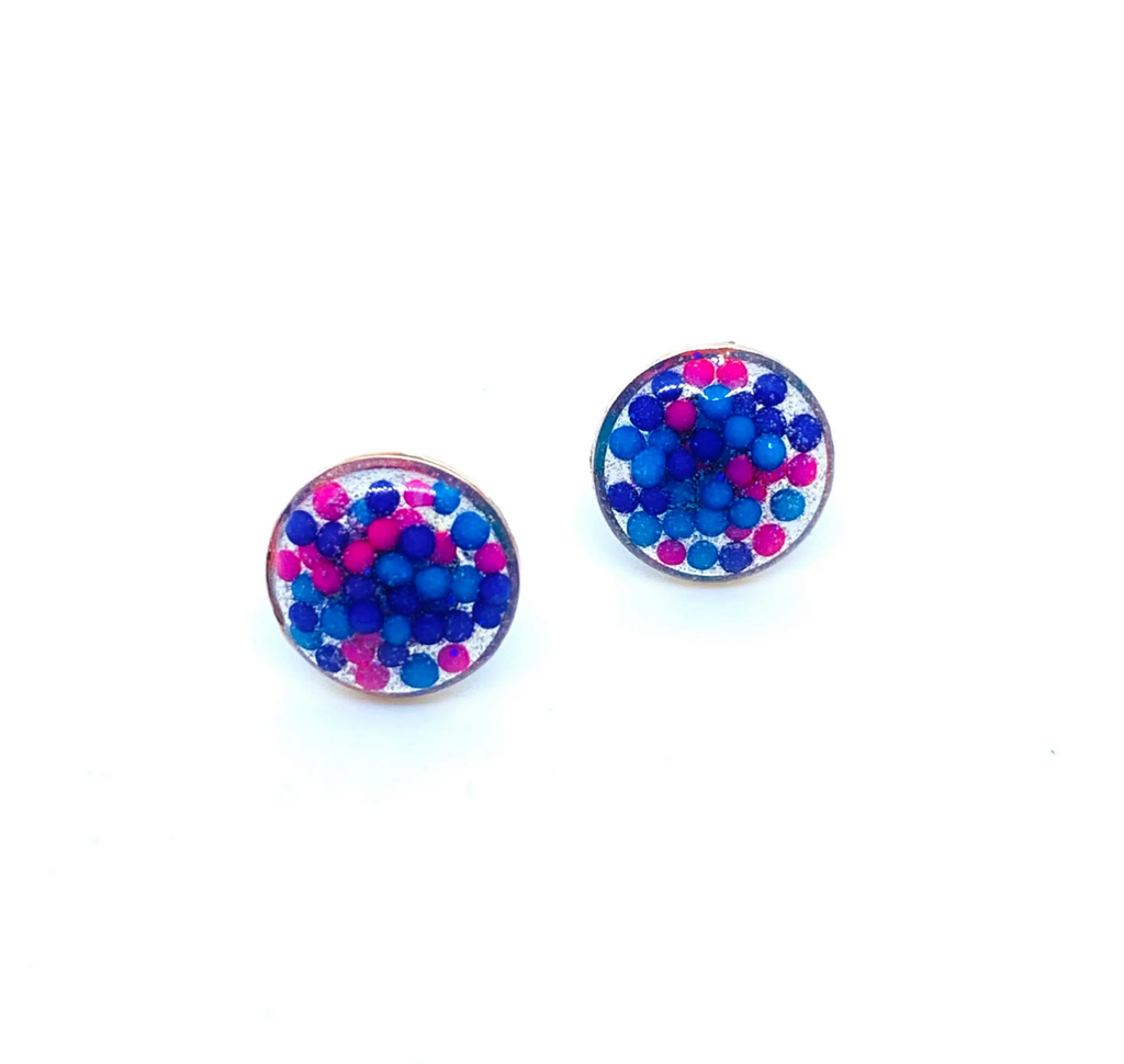 Real pink and blue candy sprinkles in resin stud earrings.