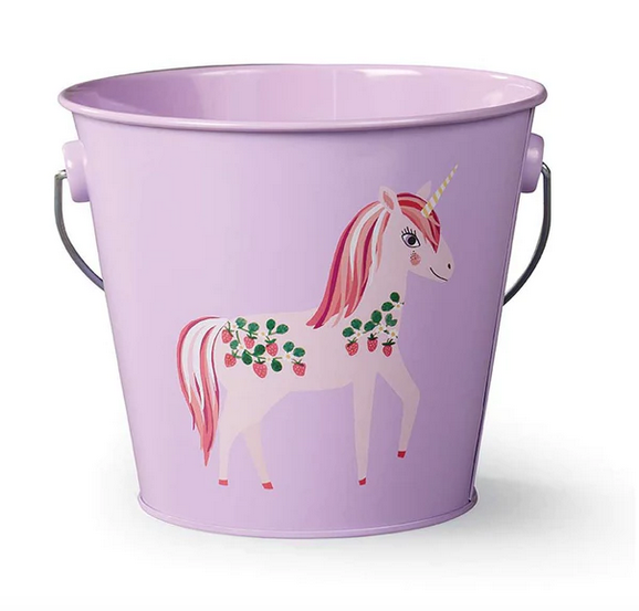 This beautifully painted, metal gardening pail has a pretty pink unicorn on a purple background. 