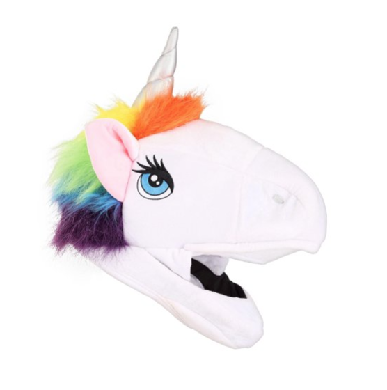Plush white unicorn with rainbow mane mask.
