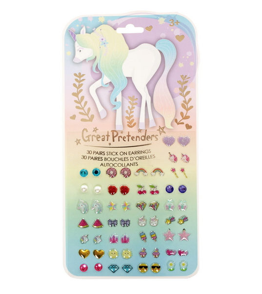 30 pairs of stick on earrings with a unicorn theme. Styles include unicorns, rainbows, donuts with sprinkles, holographic stars, smiley faces and many more whimsical themes! 
