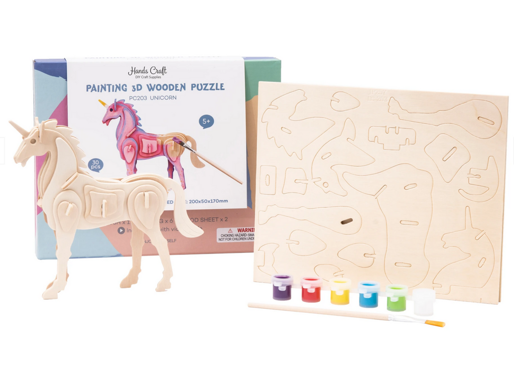 This Unicorn Puzzle Paint Kit is a multifaceted activity. First, the child must use their cognitive skills and fine motor skills to put the unicorn together. Then, they are encouraged to use their imagination and idea of color theory to paint their own masterpiece onto the model.