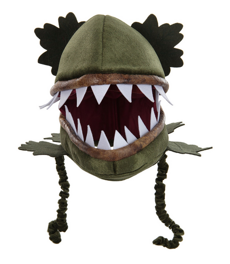 Venus Flytrap Jawsome Hat is 100% polyester fabric and 100% polyurethane foam.  It has a green velour outer shell, Felt leaves & teeth sewn to outer shell.