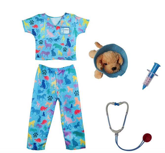 Pretend Play Vetrinarian set with animal print scrubs, a stethoscope, syringe, and plush puppy with a protective cone.