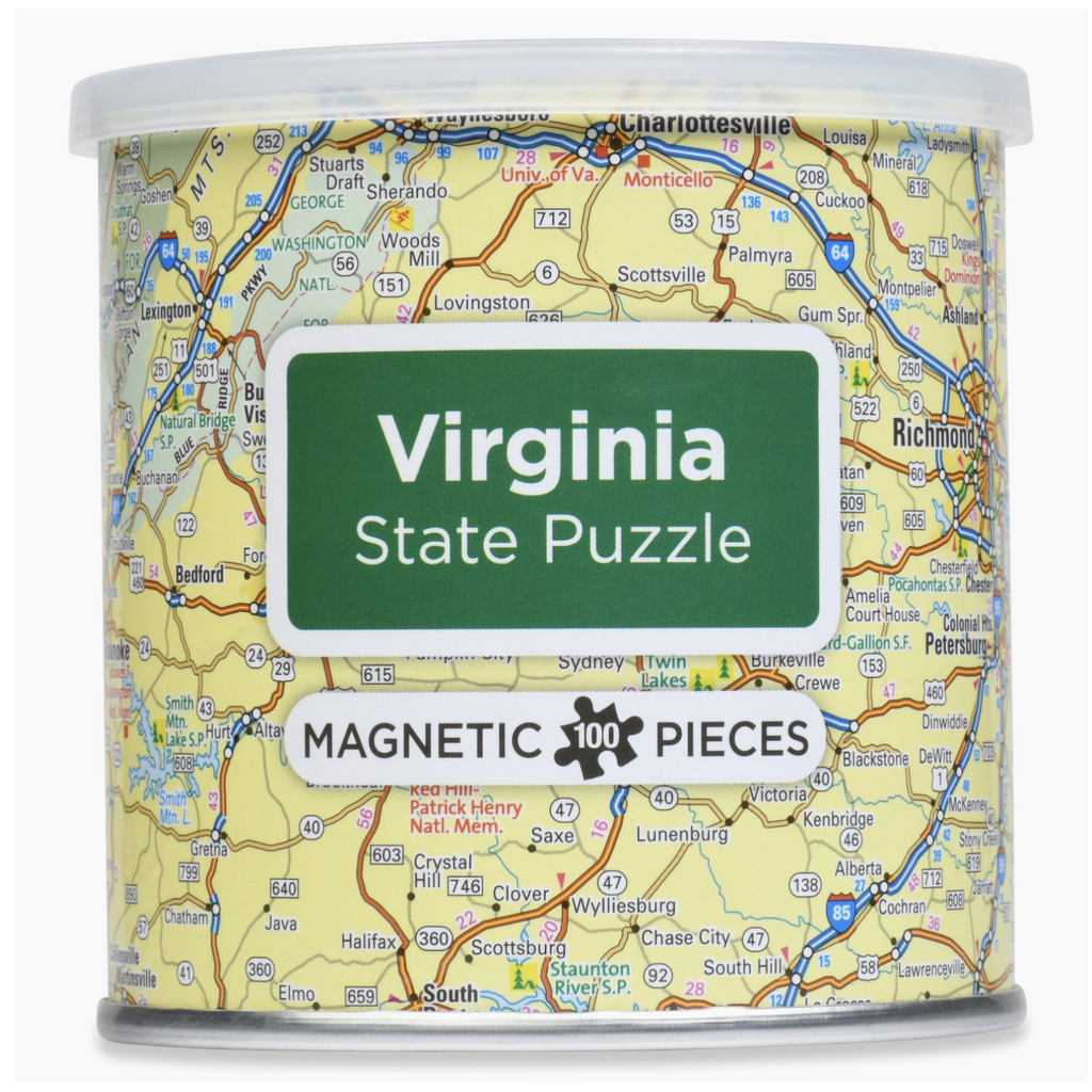 Magnetic Virginia State Map 1000 piece puzzle in a small metal tin with a plastic lid for storage.