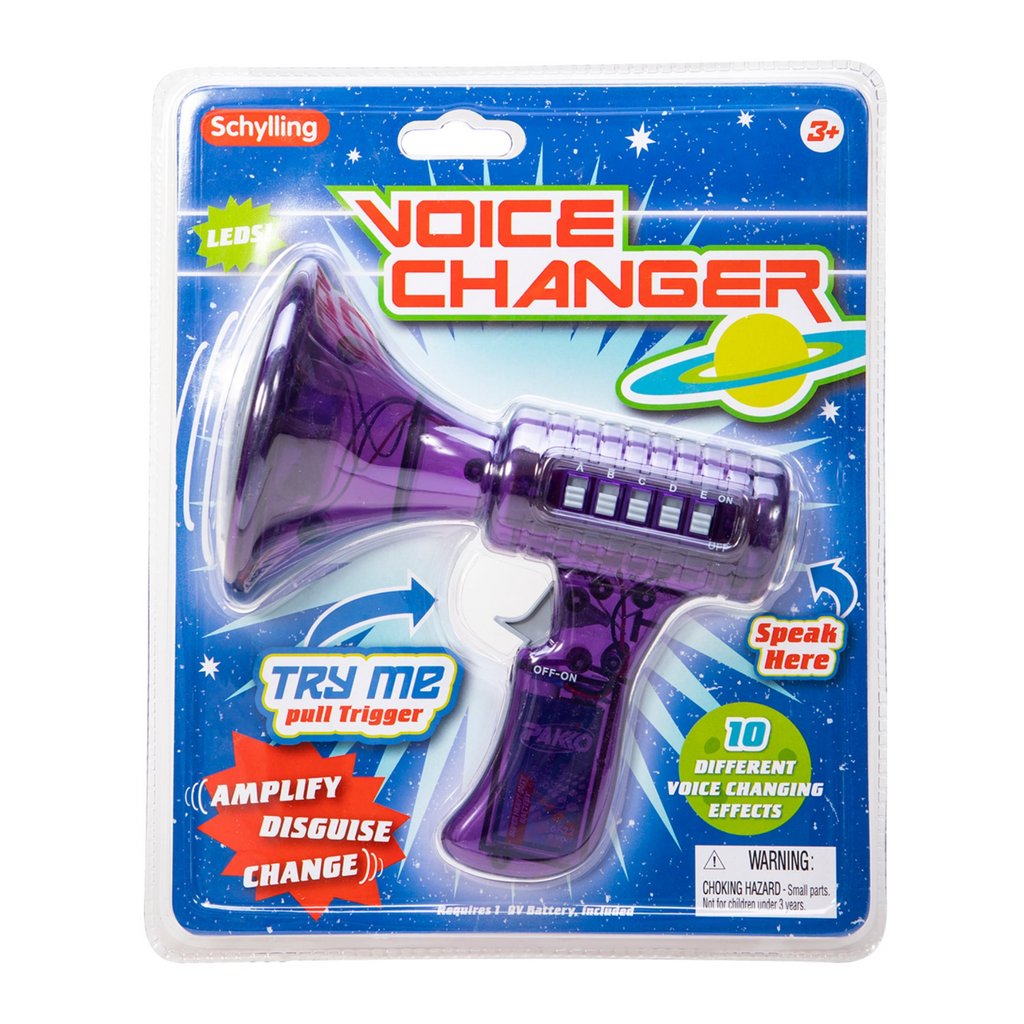 Image of handheld voice changer in packaging. Text reads 10 different voice changing effects. Amplify. Disguise. Change.