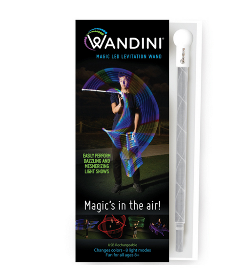 Wandini magic LED levitation wand. Easily perform dazzling and mesmerizing light shows. Magic's in the air. USB rechargeable. Changes colors. 8 light functions. Fun fior ages 8 and up.