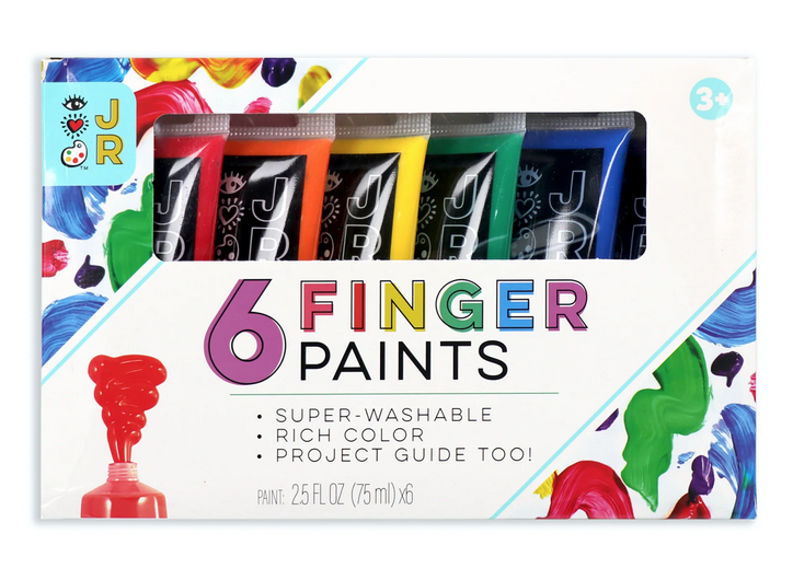 Washable fingerpaint six pack box. Box is white with colorful paint streaks on the corners and a window showing the tubes of finger paints. 