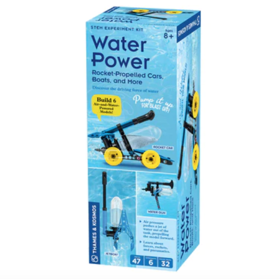 Water Power Rocket Propelled Cars, boats, and more. Stem experiment kit. Pump it up for blast off. Ages 8 and up.