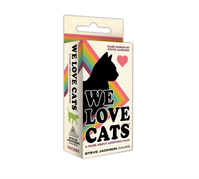We Love Cats game box, with a shilouette of a cat the title in bold black letters and colorful stripes. 