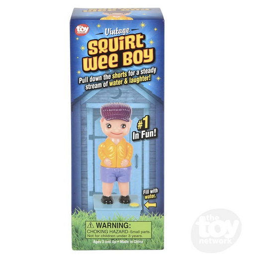 Box containing the Wee Boy Squirt prank.  Blue box with a picture of the vintage wee boy.  He is a plastic figure of a young boy with short pants and a yellow jacket.  He is wearing a cap and has a sneaky smile as his expression. 