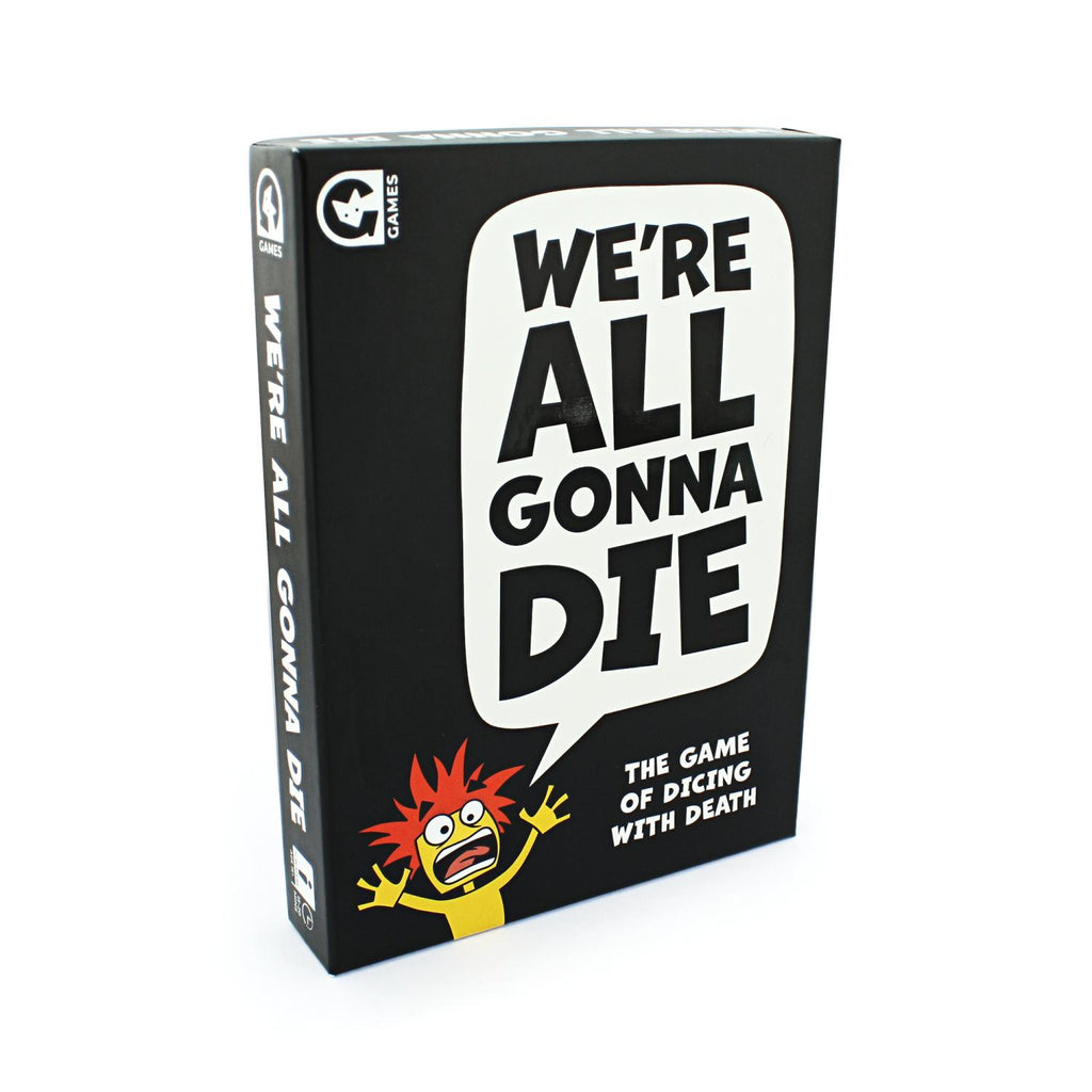 We're All Gonna Die game box, has illustration of a yellow character with bright red hair yelling with the game title in a word bubble on a black background. 