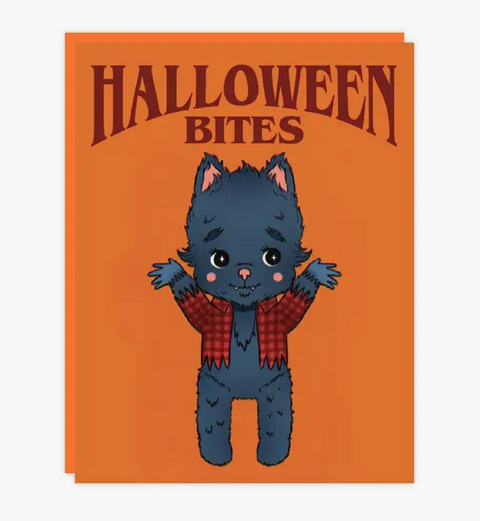 Orange Halloween card with the cutest werewolf kewpie and the words "Halloween Bites" in red. 