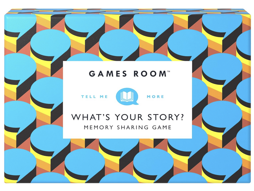 What's Your Story? Memory Sharing Game  box with teal, yellow and burnt umber colored geometric patterns. 