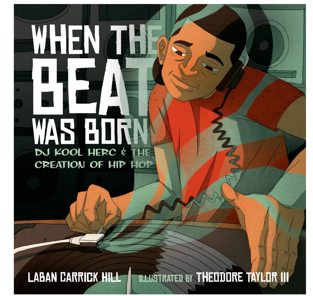Cover of book When The Beat Was Born featuring an illustration of Dj Kool Herc on his dj kit.