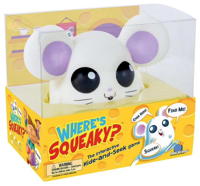 Where's Squeaky game box. See htrough plastic showing Squeaky the white mouse used in game play. 