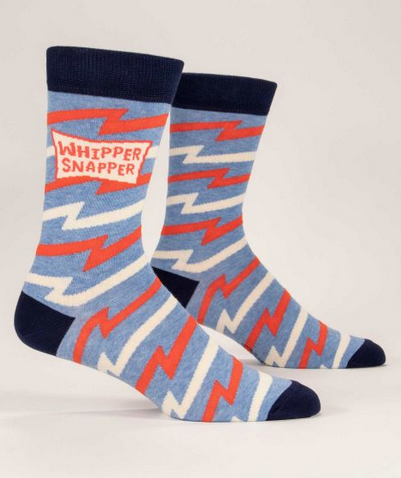 Light blue, red, and white squiggly lined socks with dark blue toes, heels, and top. In a square word ballon they read "Whipper Snapper."