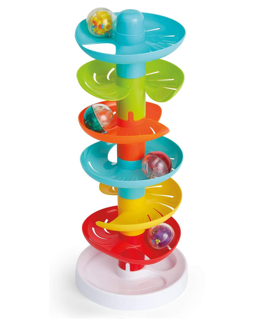 Plastic Whirl n Go Ball Tower set up with balls going around the spiral to the bottom.