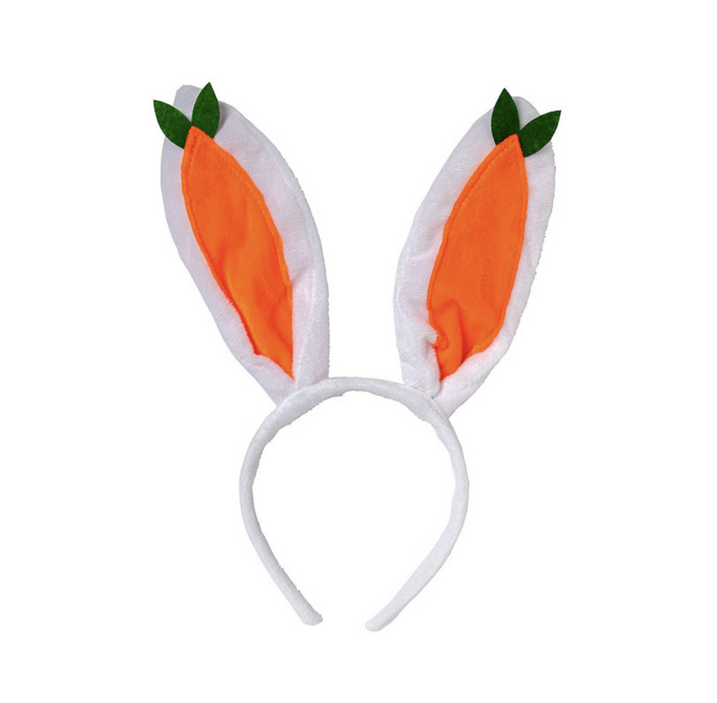 Headband with white bunny ears that have orange carrots inlaid for the inside of the ears.  Headband is wrapped in soft white plush and ears are soft adjustable plush. Fits most children. 