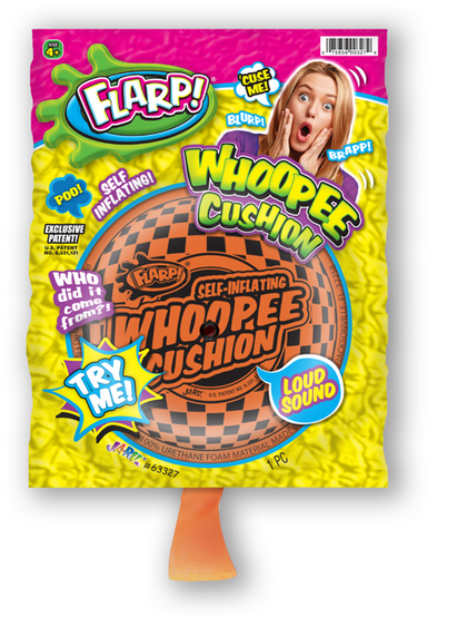 Self inflating whoopee cushion in packaging.