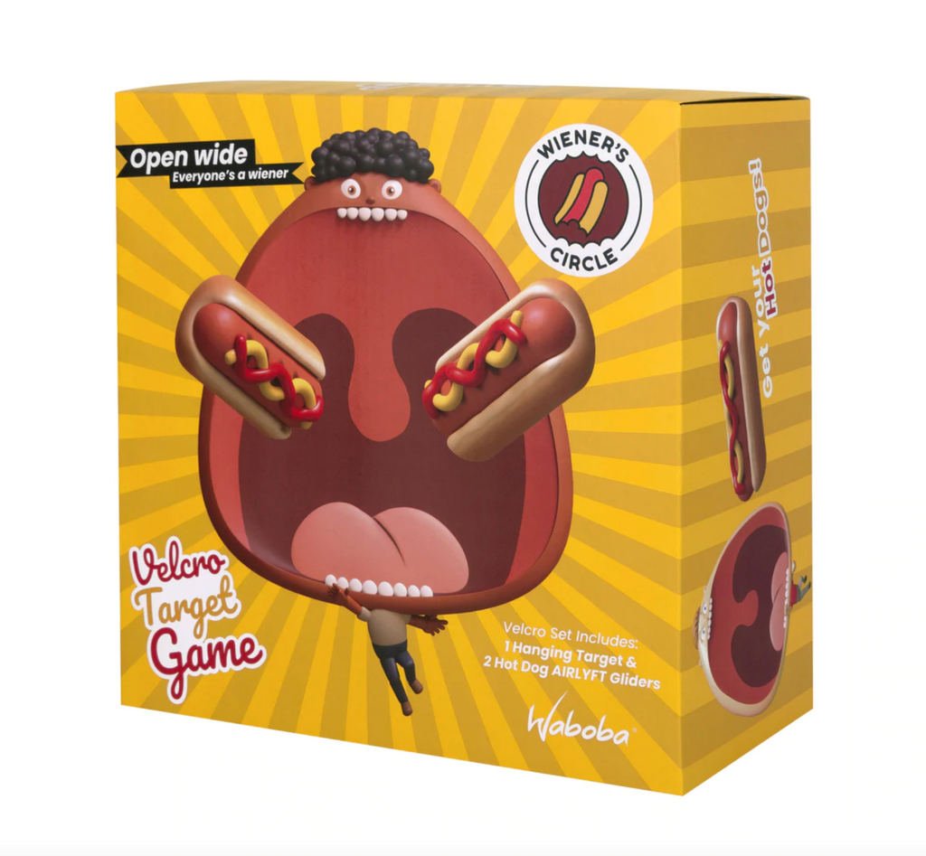 Wiener's Circle game box. Velcro set includes 1 hanging target and 2 hot dog airlyft gliders.