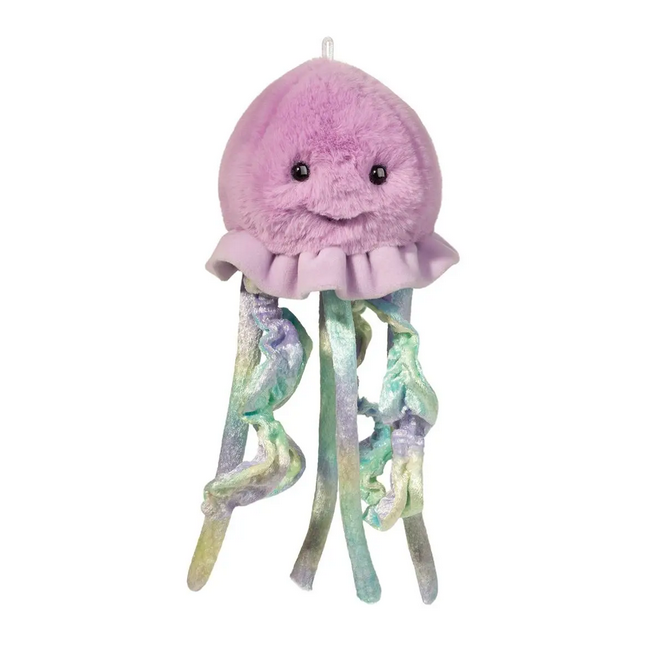 Wiggles the jellyfish with long multicolored pastel tentacles and soft purple head. 