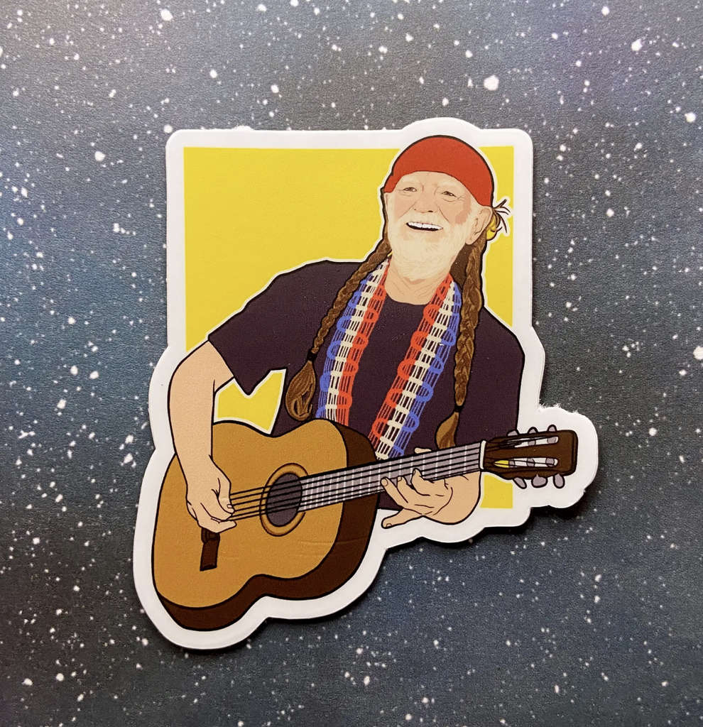 Diecut sticker of Willie Nelson playing guitar.