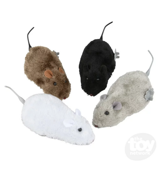 White, brown, black and grey fake furry mice which are the assortment of colors for the wind up mouse prank. 