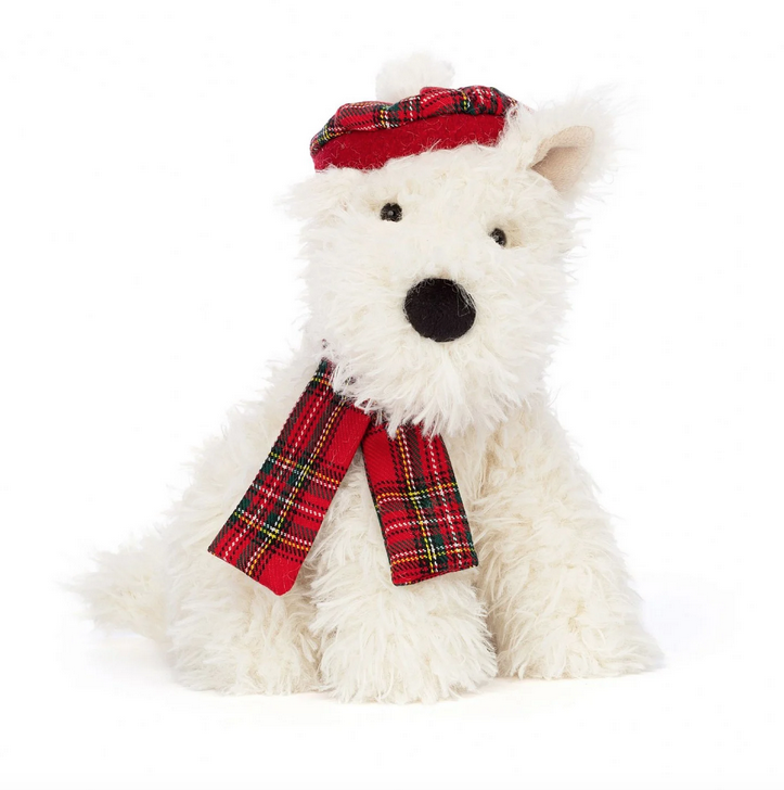 Winter Warmer Munro Scottie Dog is wearing a red tartan tam o' shanter and matching crossover scarf and has shaggy porridge fur and a black nose.