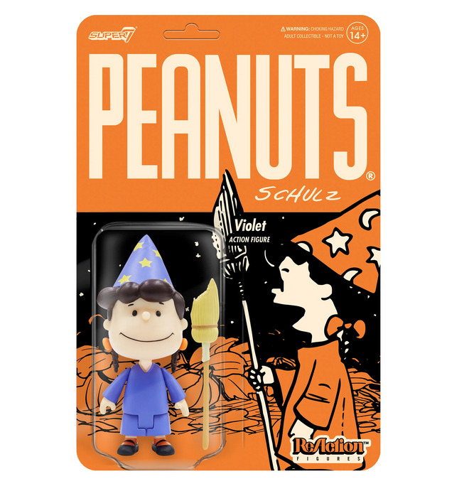 Violet comes on an orange cardback featuring the comic strip that inspired her. This 3.5" articulated Violet figure is dressed as a witch and sports a witch hat and carries a broom accessory.