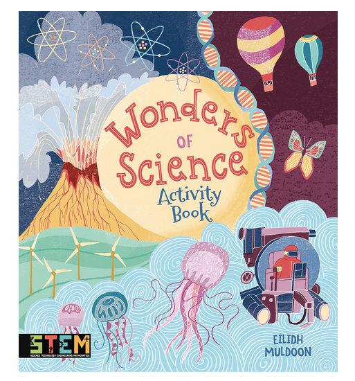 Cover of the activity book with illustrations of jellyfish, a volcano erupting, science symbols, and hot air balloons floating in the sky. 