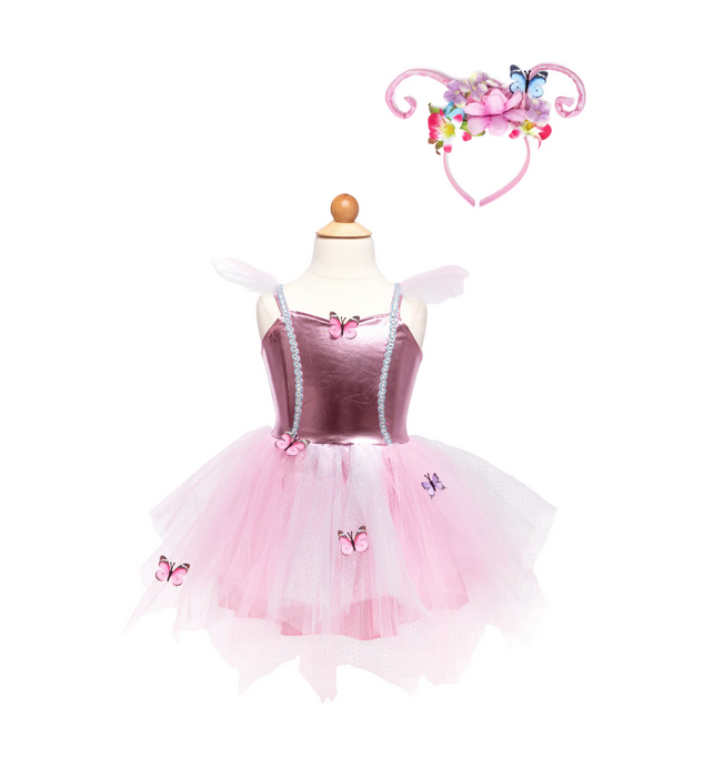 Metallic pink bodice with pink tulle skirt decorated with butterflies dress and matching flower and antanae headband. 