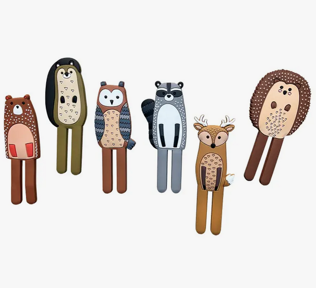 Assortment of Woodland Animal Hooks. There is a bear, raccoon, owl, squirrel, and deer. 