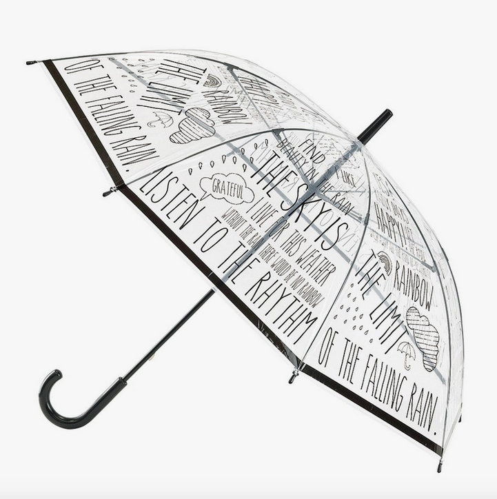 Clear umbrella with black words written all over the surface, opened to show the design. 